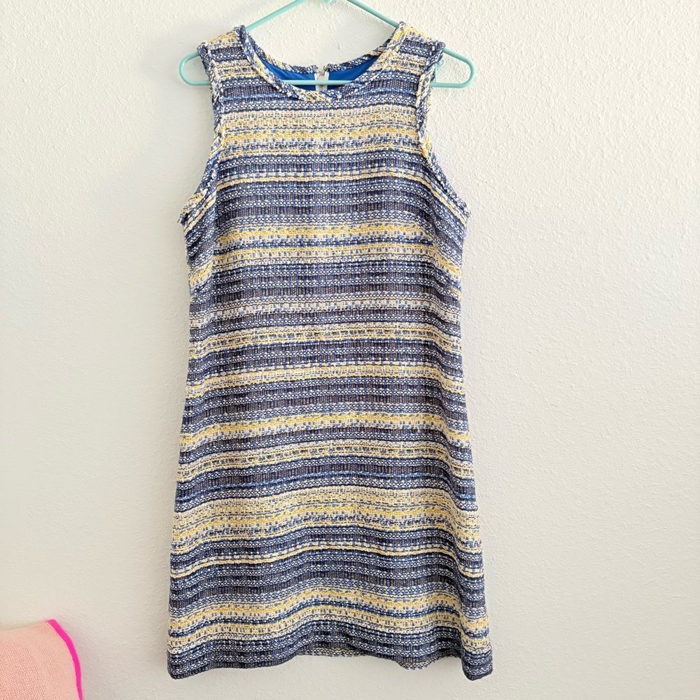 Sara Campbell Tweed Shift Dress Size 10 Yellow and Blue Striped